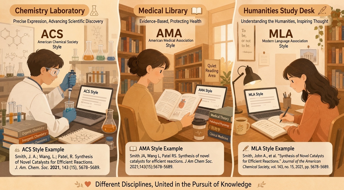ACS, AMA, and MLA citation examples shown across chemistry, medical, and humanities study settings.